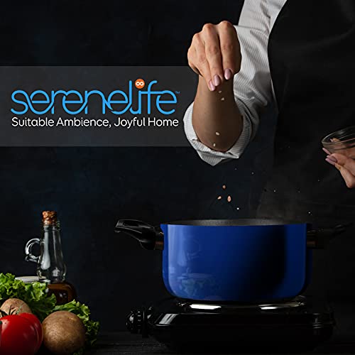 SereneLife Kitchenware Pots & Pans Basic Kitchen Cookware, Black Non-Stick Coating Inside, Heat Resistant Lacquer (15-Piece Set), One Size, Blue