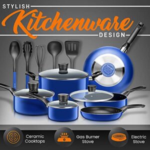 SereneLife Kitchenware Pots & Pans Basic Kitchen Cookware, Black Non-Stick Coating Inside, Heat Resistant Lacquer (15-Piece Set), One Size, Blue