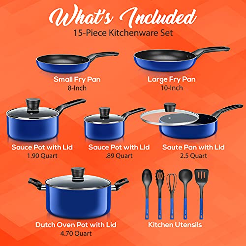 SereneLife Kitchenware Pots & Pans Basic Kitchen Cookware, Black Non-Stick Coating Inside, Heat Resistant Lacquer (15-Piece Set), One Size, Blue