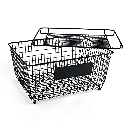 Gourmet Basics by Mikasa Stackable Metal Storage Basket with Removable Lid and Chalk Label, Black