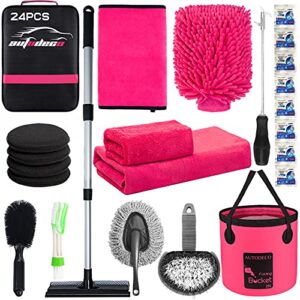 autodeco 24pcs car wash cleaning tools kit car detailing set with canvas bag pink collapsible bucket larger wash mitt towels tire brush extendable window scraper complete interior car care kit