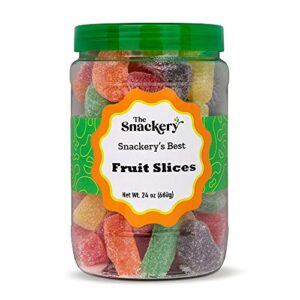 the snackery, fruit slices candy in round plastic jar, 1.5 lbs assorted fruit slice candy wedges candy, reusable jar with green lid
