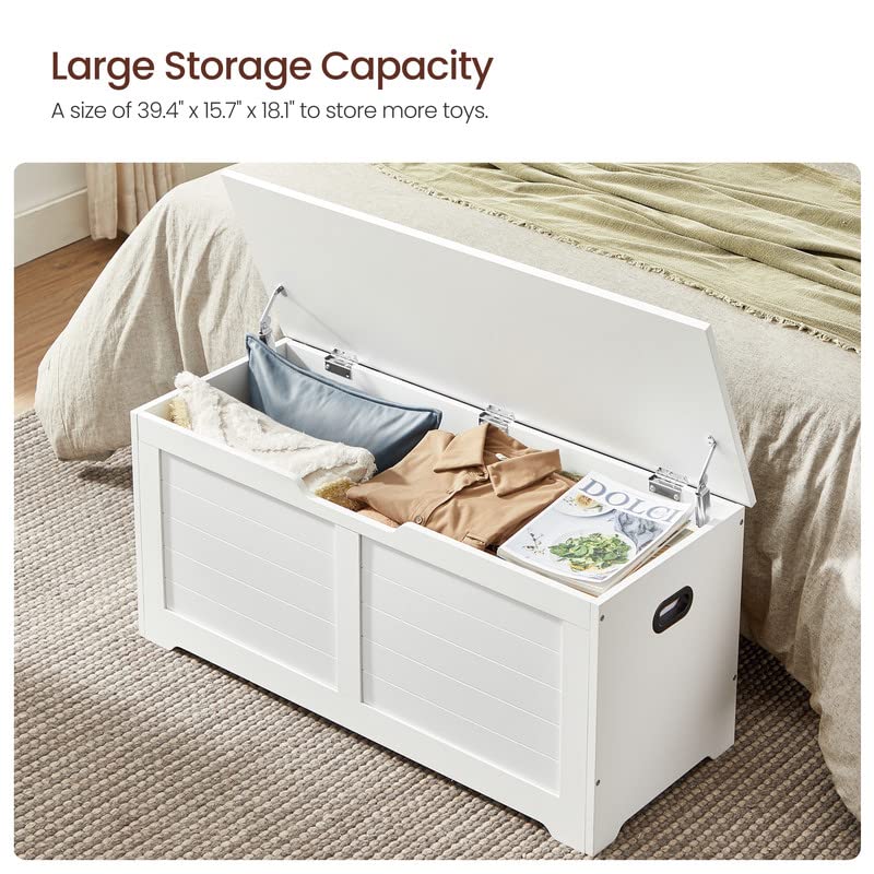 VASAGLE Storage Chest, Storage Trunk with 2 Safety Hinges, Storage Bench, Shoe Bench, Modern Style, 15.7 x 39.4 x 18.1 Inches, for Entryway, Bedroom, Living Room, Matte White ULSB061T10