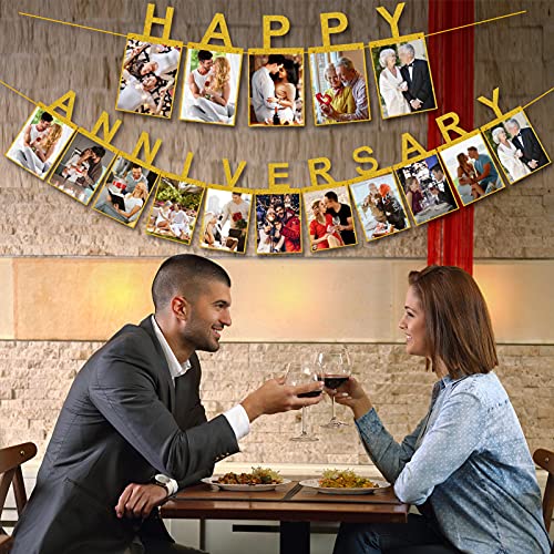 Happy Anniversary Photo Banner Backdrop Decorations - Gold Wedding Anniversary Pictures Banner Party Supplies - Happy Wedding Anniversary Hanging Photo Décor Props Sign