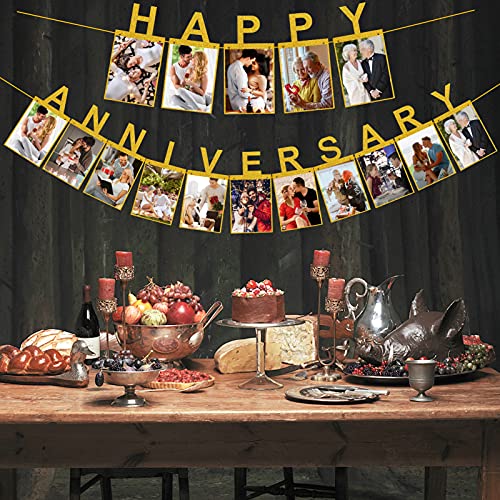 Happy Anniversary Photo Banner Backdrop Decorations - Gold Wedding Anniversary Pictures Banner Party Supplies - Happy Wedding Anniversary Hanging Photo Décor Props Sign