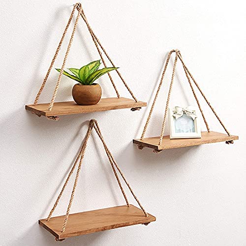 GUAGLL Wooden Shelf Wall Hanging Flower Pot Storage Rack Wooden Hanging Strap Ornaments with Hemp Rope