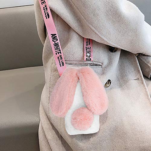 for iPhone Xs Max Rabbit Case,MOIKY Plush Crossbody Cute Fluffy Bunny Ears Hairball Winter Soft TPU Case for Women Bling Rhinestone Shockproof Silicone Bumper Protection Cover - Pink White