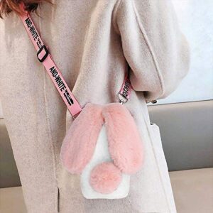 for iPhone Xs Max Rabbit Case,MOIKY Plush Crossbody Cute Fluffy Bunny Ears Hairball Winter Soft TPU Case for Women Bling Rhinestone Shockproof Silicone Bumper Protection Cover - Pink White