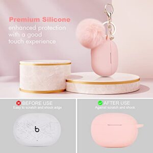 Filoto Case for New Beats Studio Buds 2021, Silicone Beats Studio Buds Charging Case Cover Wireless Earbuds Shockproof Protective Accesorries with Pom Pom Keychain(Pink)