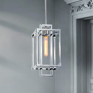 bunkos 1-light lantern pendant light in chrome finish, geometric hanging light fixture, 8" farmhouse chandelier for kitchen island foyer hallway, adjustable height, t10 bulb included