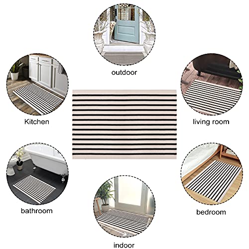 LEEVAN Black and White Striped Outdoor Rug Runner 24"x51" Layering Doormat Farmhouse Front Porch Rug Cotton Woven Washable Throw Carpet for Hallway/Front Steps/Bathroom/Kitchen/Home Entrance