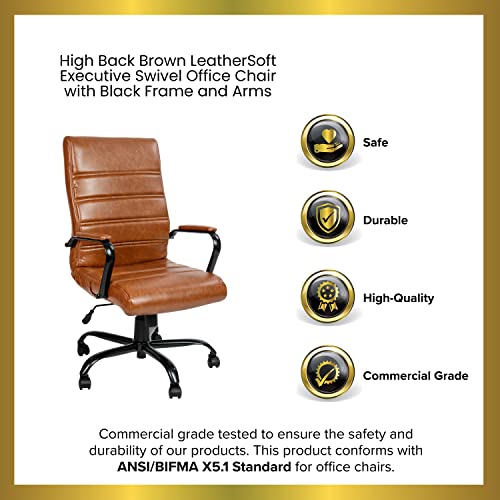 Merrick Lane Milano Contemporary High-Back Brown Faux Leather Home Office Chair with Padded Black Arms