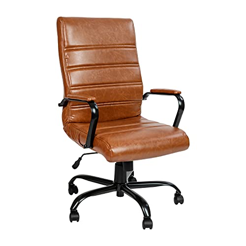 Merrick Lane Milano Contemporary High-Back Brown Faux Leather Home Office Chair with Padded Black Arms