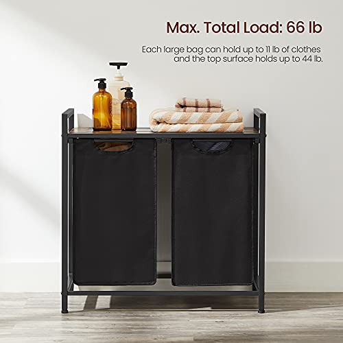 VASAGLE Laundry Basket, 2-Compartment Laundry Hamper, Pull-Out and Removable Laundry Bags, Oxford Fabric, Metal Frame, 2 x 12.2L, 28.7 x 13 x 28.3 Inches, Rustic Brown and Black UBLH201B01