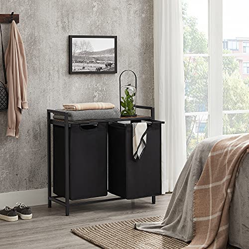 VASAGLE Laundry Basket, 2-Compartment Laundry Hamper, Pull-Out and Removable Laundry Bags, Oxford Fabric, Metal Frame, 2 x 12.2L, 28.7 x 13 x 28.3 Inches, Rustic Brown and Black UBLH201B01