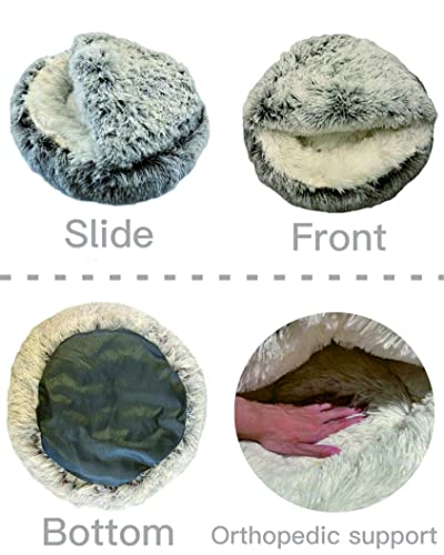 ShinHye Cat Bed Round Plush Fluffy Hooded Cat Bed Cave, Cozy for Indoor Cats or Small Dog beds, Soothing Pet Beds Doughnut Calm Anti-nxiety Dog Bed - Waterproof Bottom Washable, (20×20inch, Grey)