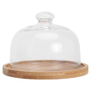 cabilock wood cake tray with glass dome round clear cloche dome cake plate server cake display cover glass cake pan cover food plate lid for cake dessert cheese pastries 6. 5inch
