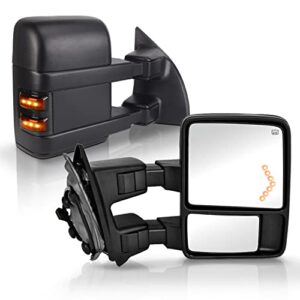 pz towing mirror pair set replacement for 1999-2007 f250/f350/f450/f550 super duty, 01-05 excursion extendable smoke power heated with signal light side mirrors