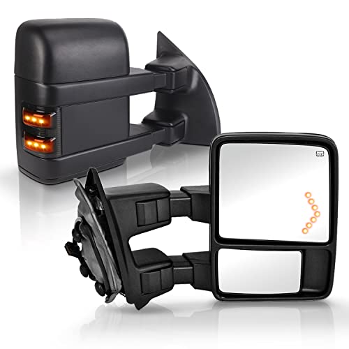 PZ TOWING MIRROR PAIR SET Replacement For 1999-2007 F250/F350/F450/F550 Super Duty, 01-05 Excursion Extendable Smoke Power Heated with Signal Light Side Mirrors