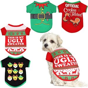 4 pieces christmas dog shirt christmas pet shirt soft breathable puppy shirts printed pet t-shirt pet clothing christmas cosplay xmas pet apparel for small dogs and cats (xs)
