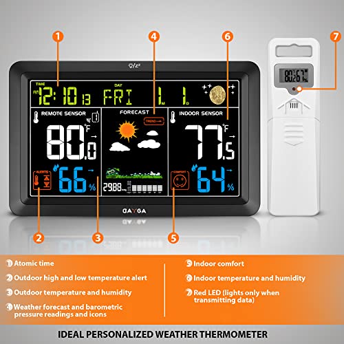 BAYGA Indoor Outdoor Thermometer Wireless, Weather Station with Atomic Clock, High Precision Temperature Humidity Meter, HD Color Display Weather Thermometer with Barometer and Adjustable Backlight