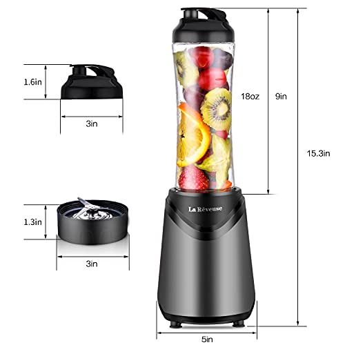 La Reveuse Smoothie Blender Personal Size 300 Watts with 2 Pieces 18 oz BPA-Free Travel Sports Bottles,Grey