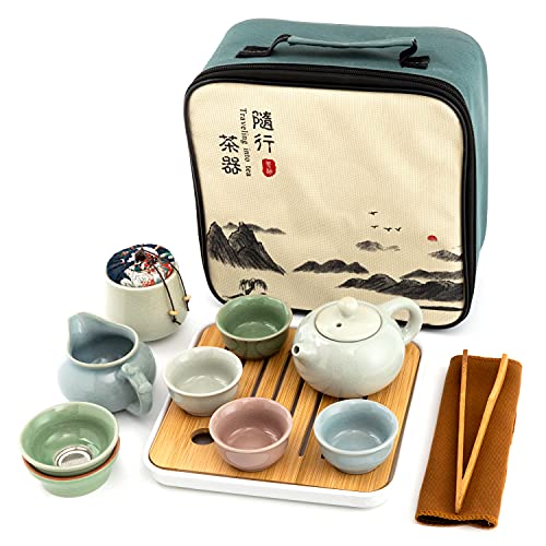 Ceramic Kungfu Tea Sets 12 Piece,Mini Protable Travel Tea Set With Tea Pot, 4x Tea Cups, Bamboo Tea Tray, Tea Canister, Travel Bag |Asian Tea Set Suitable for Office, Picnic, Home, BusinessTrip