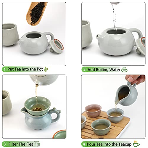 Ceramic Kungfu Tea Sets 12 Piece,Mini Protable Travel Tea Set With Tea Pot, 4x Tea Cups, Bamboo Tea Tray, Tea Canister, Travel Bag |Asian Tea Set Suitable for Office, Picnic, Home, BusinessTrip