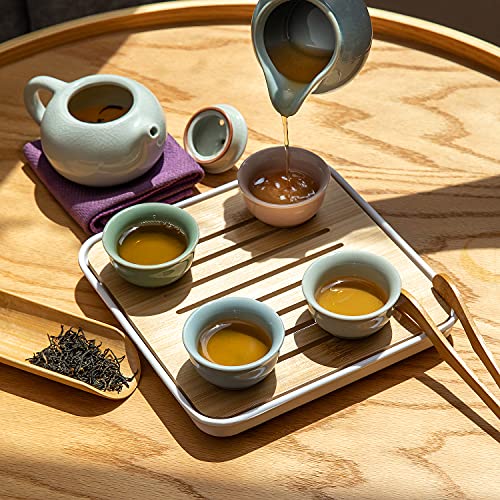 Ceramic Kungfu Tea Sets 12 Piece,Mini Protable Travel Tea Set With Tea Pot, 4x Tea Cups, Bamboo Tea Tray, Tea Canister, Travel Bag |Asian Tea Set Suitable for Office, Picnic, Home, BusinessTrip