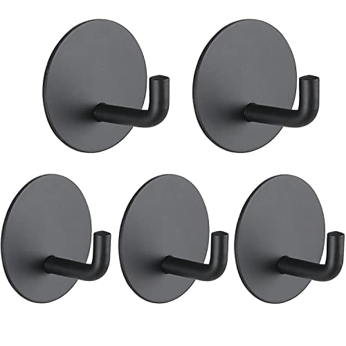 5 Packs Black Adhesive Wall Hooks, Veriya Waterproof Hook Door Hanger, Heavy Duty Wall Hook for Hanging Robe Coat Towel Keys Bags, Bathroom Toilet Kitchen Office Closet Cabinet