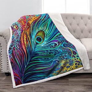 jekeno peacock gifts for women blanket - peacock feather plush soft sherpa throw blankets warm christmas birthday gift for peacocks lover girls kids adults peacock themed sofa bed home decor 50"x60"