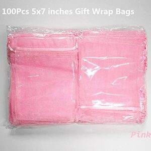 SQULIGT 100 Pcs Pink Organza Bags, 5 x 7 inches Christmas Wedding Favors Gift Drawstring Bags Jewelry Pouches Candy Mesh Pouches