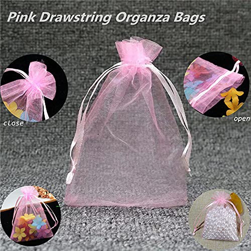 SQULIGT 100 Pcs Pink Organza Bags, 5 x 7 inches Christmas Wedding Favors Gift Drawstring Bags Jewelry Pouches Candy Mesh Pouches