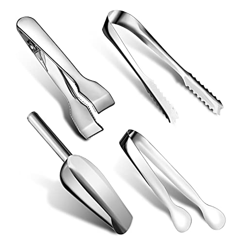 4 Pieces Ice Tongs and Scoops Stainless Steel Ice Cube Tong with Teeth Ice Shovel Scoop Ice Cube Buffet Clip Candy Scoop Food Kitchen Serving Tong Set for Cocktail Whiskey Tea Party