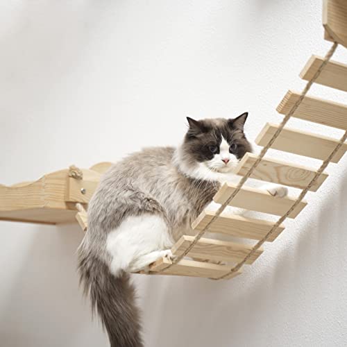 Cat Hammock Wall Mounted Cats Shelf and Climbing Shelf Four Step Cat Stairway with Sisal Scratching and Climbing Bridge Step Solid Wood Cat Tree Sleeping Playing Lounging Perching Cat Furniture