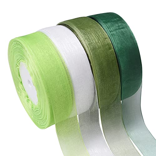 Hapeper 4 Rolls Sheer Chiffon Ribbons, 1 Inch Organza Ribbon for Wedding, Gift Wrapping, Valentines Bouquets, Party Decoration, 50 Yards/Roll (Green Series)