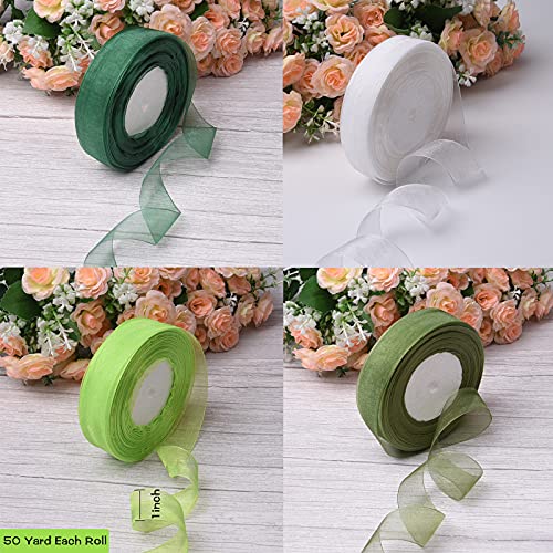 Hapeper 4 Rolls Sheer Chiffon Ribbons, 1 Inch Organza Ribbon for Wedding, Gift Wrapping, Valentines Bouquets, Party Decoration, 50 Yards/Roll (Green Series)