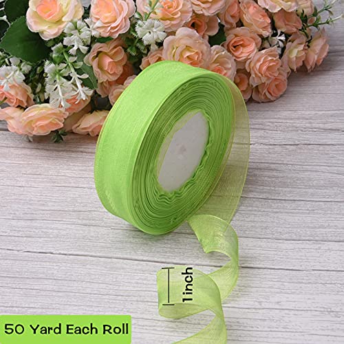 Hapeper 4 Rolls Sheer Chiffon Ribbons, 1 Inch Organza Ribbon for Wedding, Gift Wrapping, Valentines Bouquets, Party Decoration, 50 Yards/Roll (Green Series)