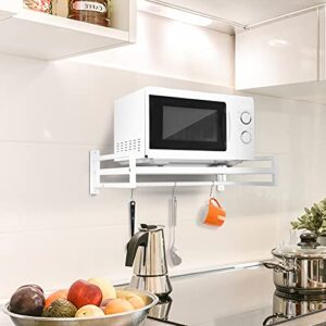 abcool wall mount microwave oven shelf rack for kitchen home, carbon steel counter countertop holder with hook rail and 3 slidable hooks
