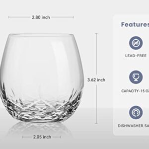 Hand Cut Stemless Wine Glasses by SHOSHIN - Lead-free Crystal Drinking Glass - Perfect gift for Him or Her (15 Oz, Set of 4)…