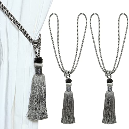 MALANOV 2 Pack Curtain Beaded Tassels Tiebacks Tie-Backs, Curtain Handmade Holdbacks, Polyester Beaded Curtain Tieback - Grey