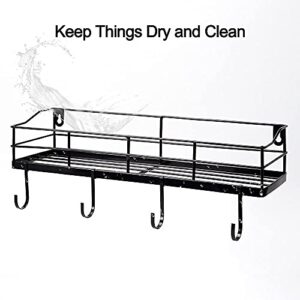 Lyeasw Metal Black Floating Shelves Wall Mounted with 8 Removable Hanging Hooks, 15-Inch Iron Shower Shelf Organizer for Bathroom Kitchen Storage Rack, Set of 2