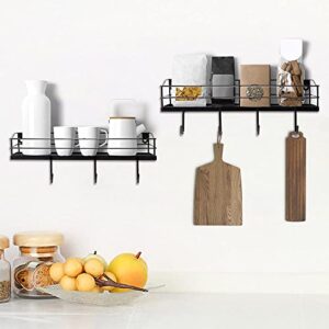 Lyeasw Metal Black Floating Shelves Wall Mounted with 8 Removable Hanging Hooks, 15-Inch Iron Shower Shelf Organizer for Bathroom Kitchen Storage Rack, Set of 2