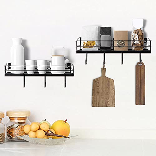 Lyeasw Metal Black Floating Shelves Wall Mounted with 8 Removable Hanging Hooks, 15-Inch Iron Shower Shelf Organizer for Bathroom Kitchen Storage Rack, Set of 2