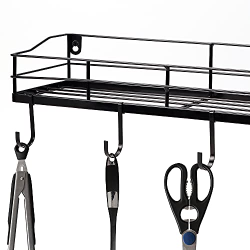 Lyeasw Metal Black Floating Shelves Wall Mounted with 8 Removable Hanging Hooks, 15-Inch Iron Shower Shelf Organizer for Bathroom Kitchen Storage Rack, Set of 2