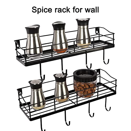 Lyeasw Metal Black Floating Shelves Wall Mounted with 8 Removable Hanging Hooks, 15-Inch Iron Shower Shelf Organizer for Bathroom Kitchen Storage Rack, Set of 2