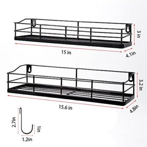 Lyeasw Metal Black Floating Shelves Wall Mounted with 8 Removable Hanging Hooks, 15-Inch Iron Shower Shelf Organizer for Bathroom Kitchen Storage Rack, Set of 2