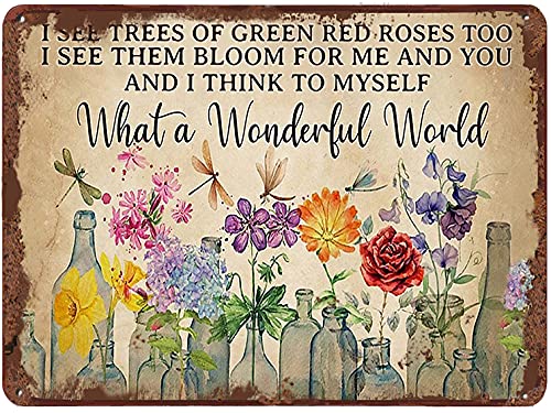 Dragonfly What A Wonderful World Flowers Funny Metal Tin Sign Wall Decor I See Trees of Green Red Rose Too Retro Tin Sign Vase Flowers Poster Plaque Entryway Decor Gallery Wall Signs 5.5x8 Inch