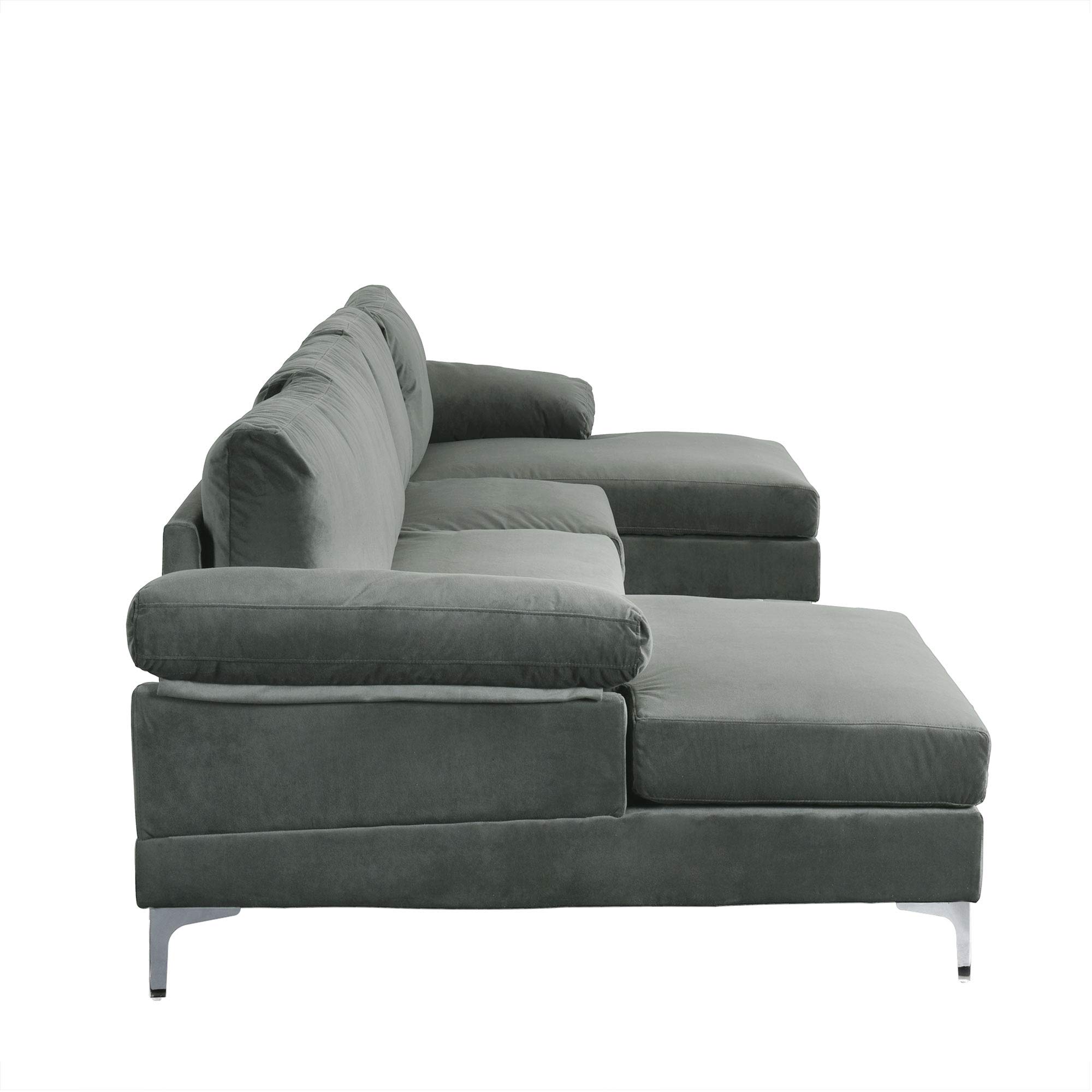 Casa Andrea Milano Modern Large Velvet Fabric U-Shape Sectional Sofa, Double Extra Wide Chaise Lounge Couch, Grey