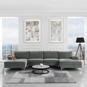 Casa Andrea Milano Modern Large Velvet Fabric U-Shape Sectional Sofa, Double Extra Wide Chaise Lounge Couch, Grey